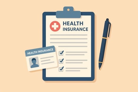 health insurance document on clip board with ID card and pen