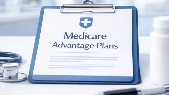 Medicare Advantage plans paperwork on a blue paperwork with a pen and medication bottle nearby