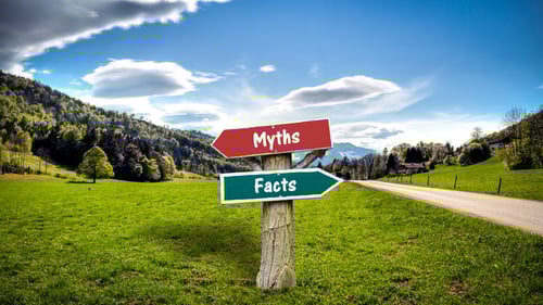 wooden post sign with myths and facts signs in the country with blue sky
