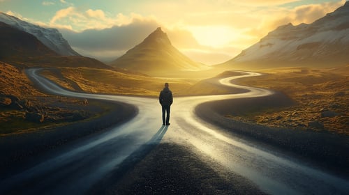 a person standing in the middle of a road, splitting off into four directions, portraying making life decisions with a sunset behind a mountain